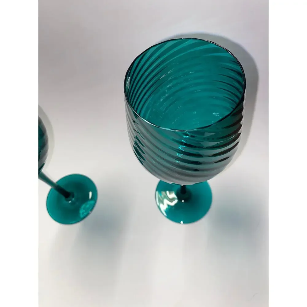 New Godinger RARE Vintage Blue Swirl Textured Glass Wine Glasses Glass Set of 2